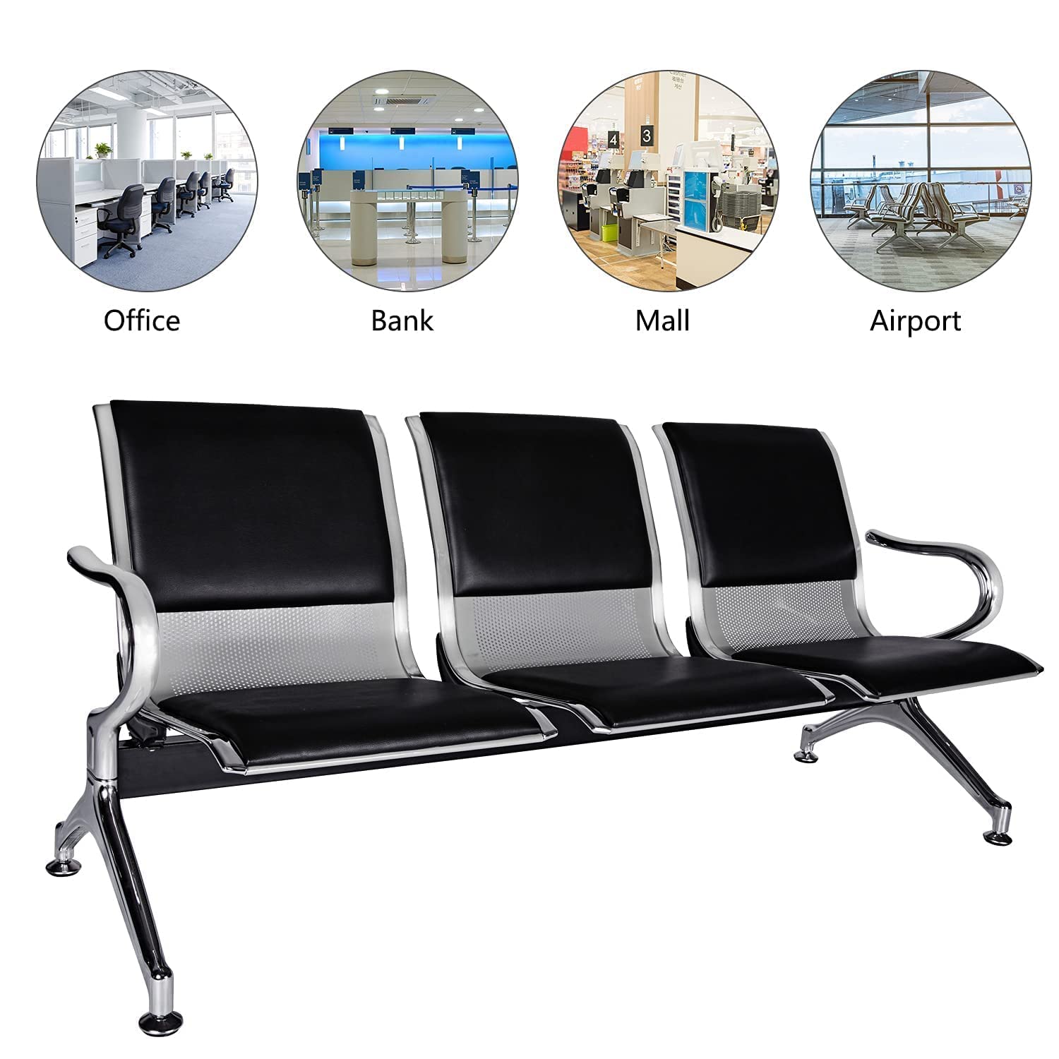 Kinfant Waiting Room Chairs with Arms - Durable Reception Benches for Airport, Hospital, Bank, School & Lobby | Comfortable Guest Seating for High-Traffic Areas | Black
