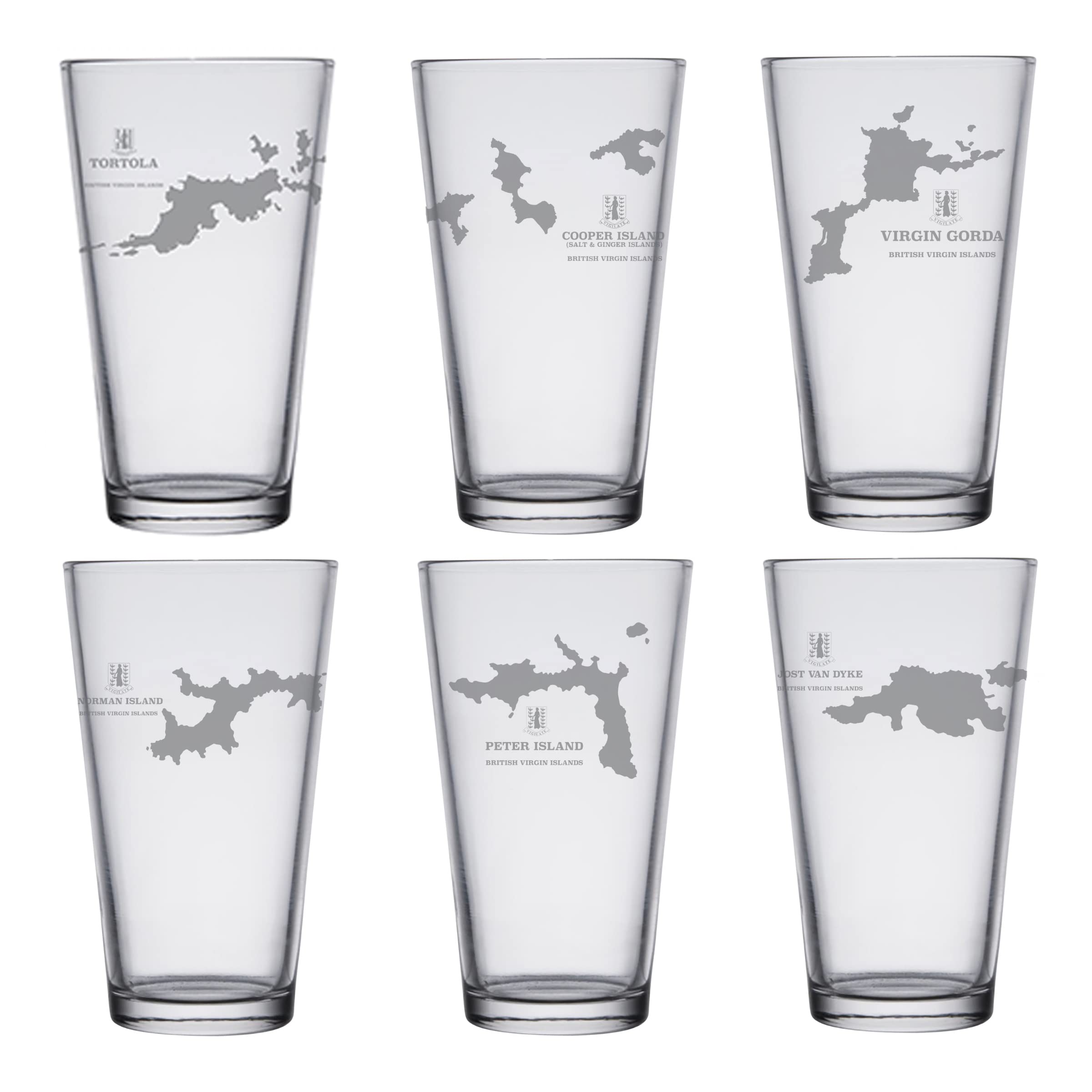 British Virgin Islands Map Pint Glasses Set of 6 - 16oz Barware for Beer, Cocktails & Home Decor - Perfect for Beach Parties, Tropical Themed Events & Gifts