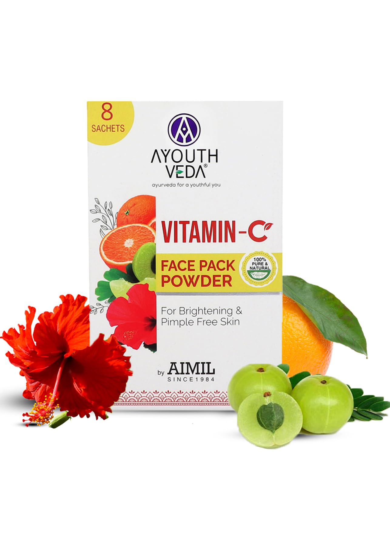 Ayouthveda Vitamin C Face Pack Powder for Men & Women - Brightens Skin, Reduces Pigmentation & Acne | Natural Fruit & Herb Enriched Formula for Soft, Glowing Skin (10g x 8 Sachets) | Perfect for Daily Skincare & Spa Treatments