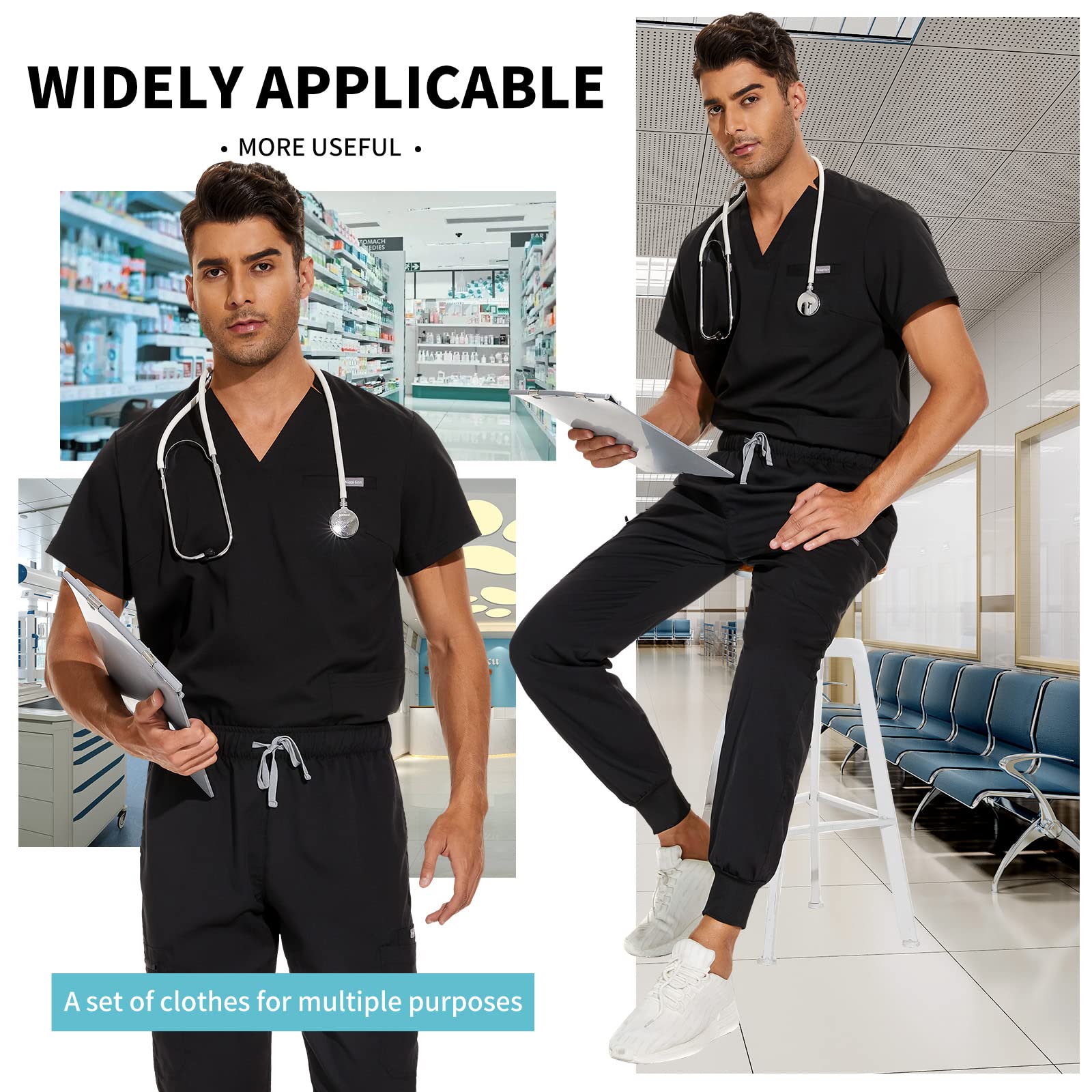 VIAOLI Men's Scrubs Set - V-Neck Scrub Top & Jogger Pants with 8 Pockets | Medical Uniform for Nurses, Doctors & Healthcare Professionals | Comfortable Workwear for Hospitals & Clinics
