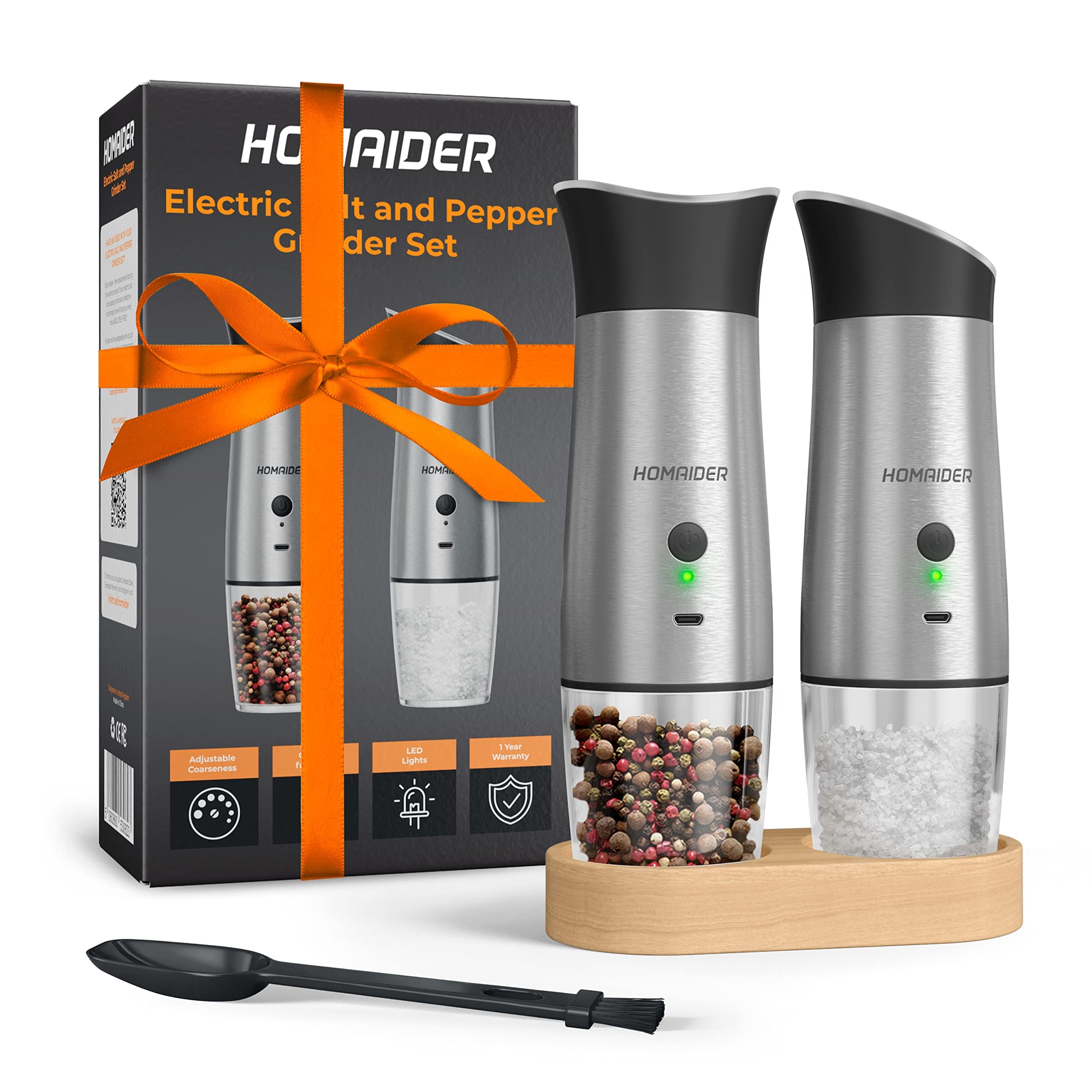 Premium Electric Salt and Pepper Grinder Set - Rechargeable Automatic Spice Mill with Adjustable Coarseness - Includes Wooden Stand, Cleaning Brush, LED Lights & Dual Charging Cables - Perfect for Kitchen, Dining Table & Outdoor Cooking (Set of 2)