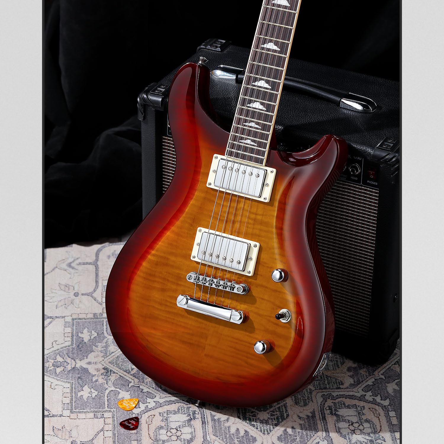Electric Guitar RP Series - Mahogany Body & Neck, Rosewood Fingerboard, Maple Veneer, 18:1 Tuning Keys, 10-46 Strings (Sunburst) - Perfect for Rock, Blues & Stage Performances