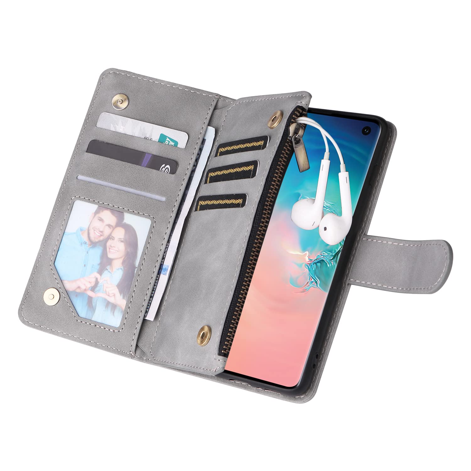 Premium Vintage PU Leather Wallet Case for Samsung Galaxy S10 - Zipper Pocket, Card Slots, Magnetic Closure, Kickstand & Wrist Strap | Shockproof Flip Folio Cover for Daily Use, Travel & Business (Grey)