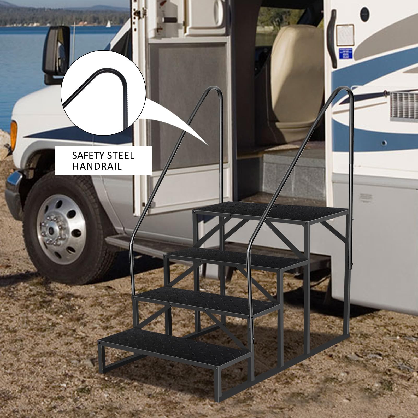 RV Steps with Handrails - 4 Step RV Stairs 660 lbs Capacity, Anti-Slip Ladder for Travel Trailers & Mobile Homes (Black) | Durable Outdoor Steps for Camping, Road Trips & RV Living