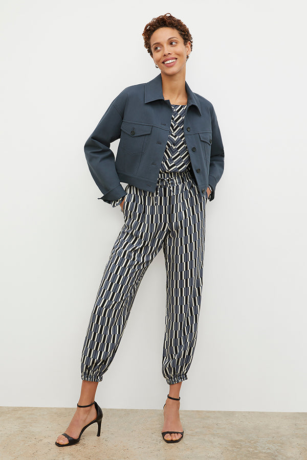 Amelia Jogger Pants - Arpeggio Print Washable Silk Joggers in Blue & Black | Comfortable Lounge Pants for Women | Perfect for Yoga, Travel & Casual Wear