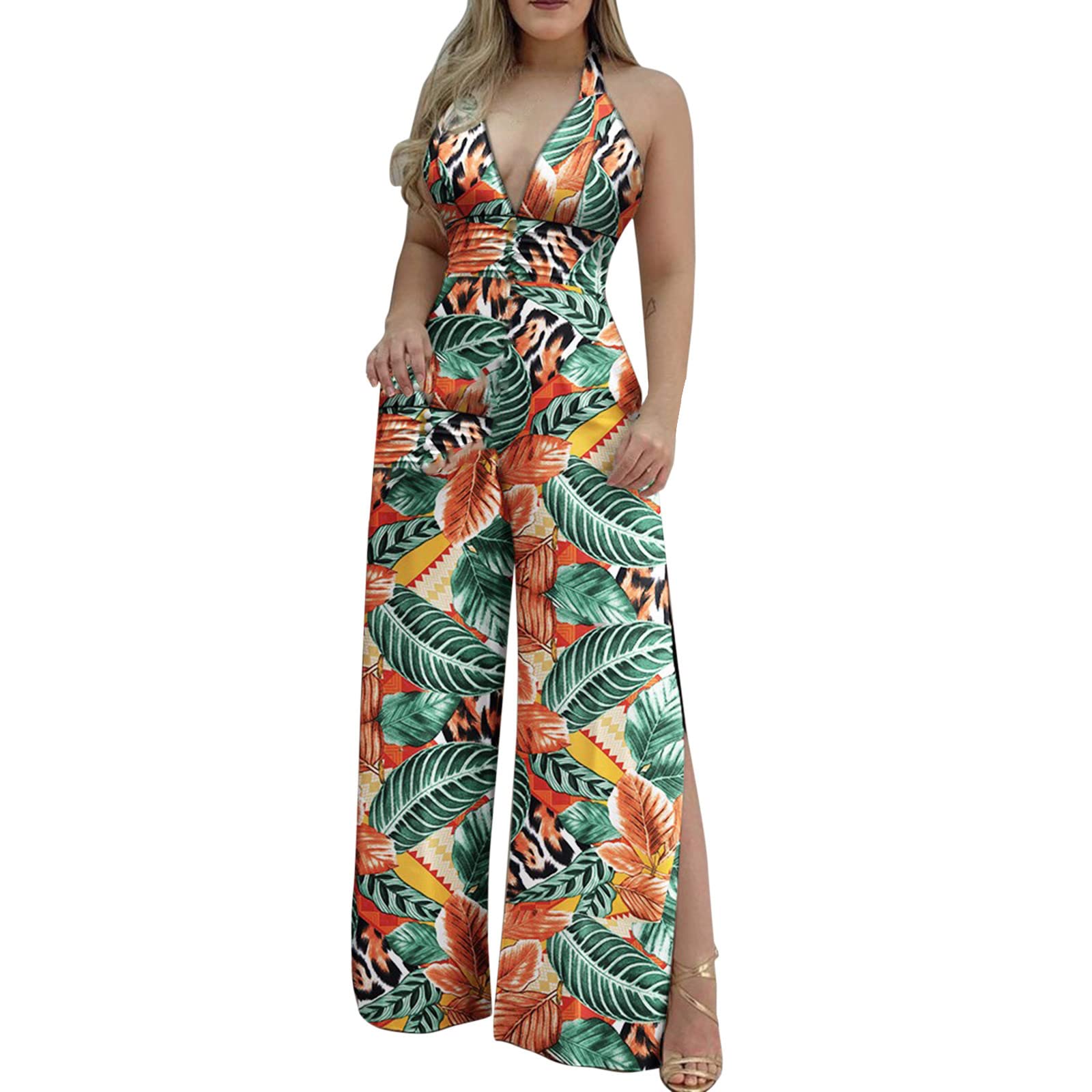 Dolloress Women's Halter Plunge Neck One Leaf Print Jumpsuit - Midi Casual Romper with Elastic Waist for Vacation, Beach, Summer Outfits & Party Wear