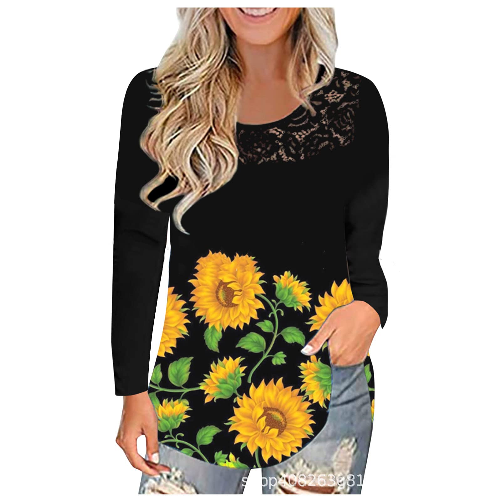Elegant Women's Long Sleeve Lace Pleated Tunic Top - Trendy Floral Printed Loose Blouse for Casual & Dressy Occasions - Perfect for Office Wear, Date Nights & Spring Outfits