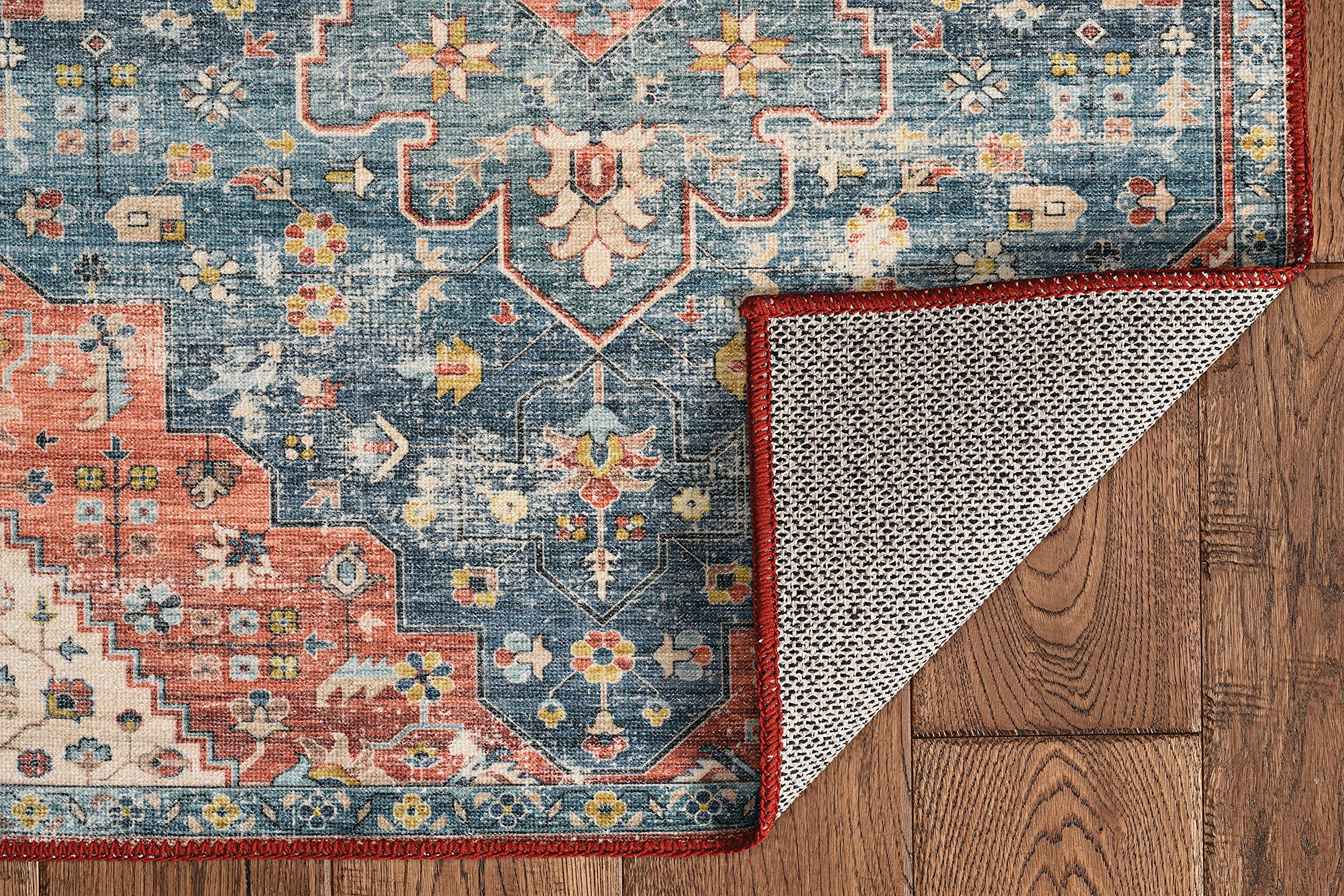 Linon Home Decor Washable Rug 5' x 7' Area Rug - Beasley Teal & Rust Pattern, Non-Slip Soft Indoor/Outdoor Carpet for Living Room, Bedroom, Patio