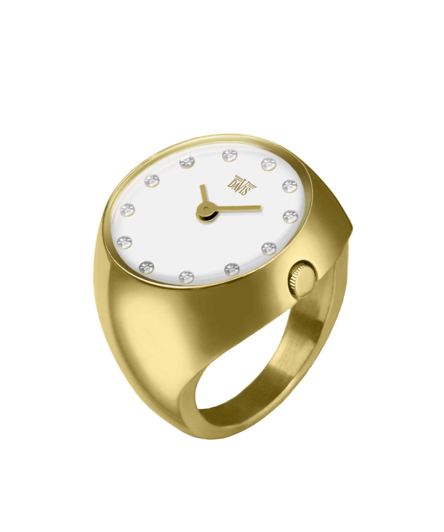 Davis 2016S Women's Yellow Gold Finger Ring Watch with Sapphire Glass Dome & Swarovski Crystal Markers - Elegant White Dial Size 52 - Perfect for Formal Events, Weddings & Special Occasions