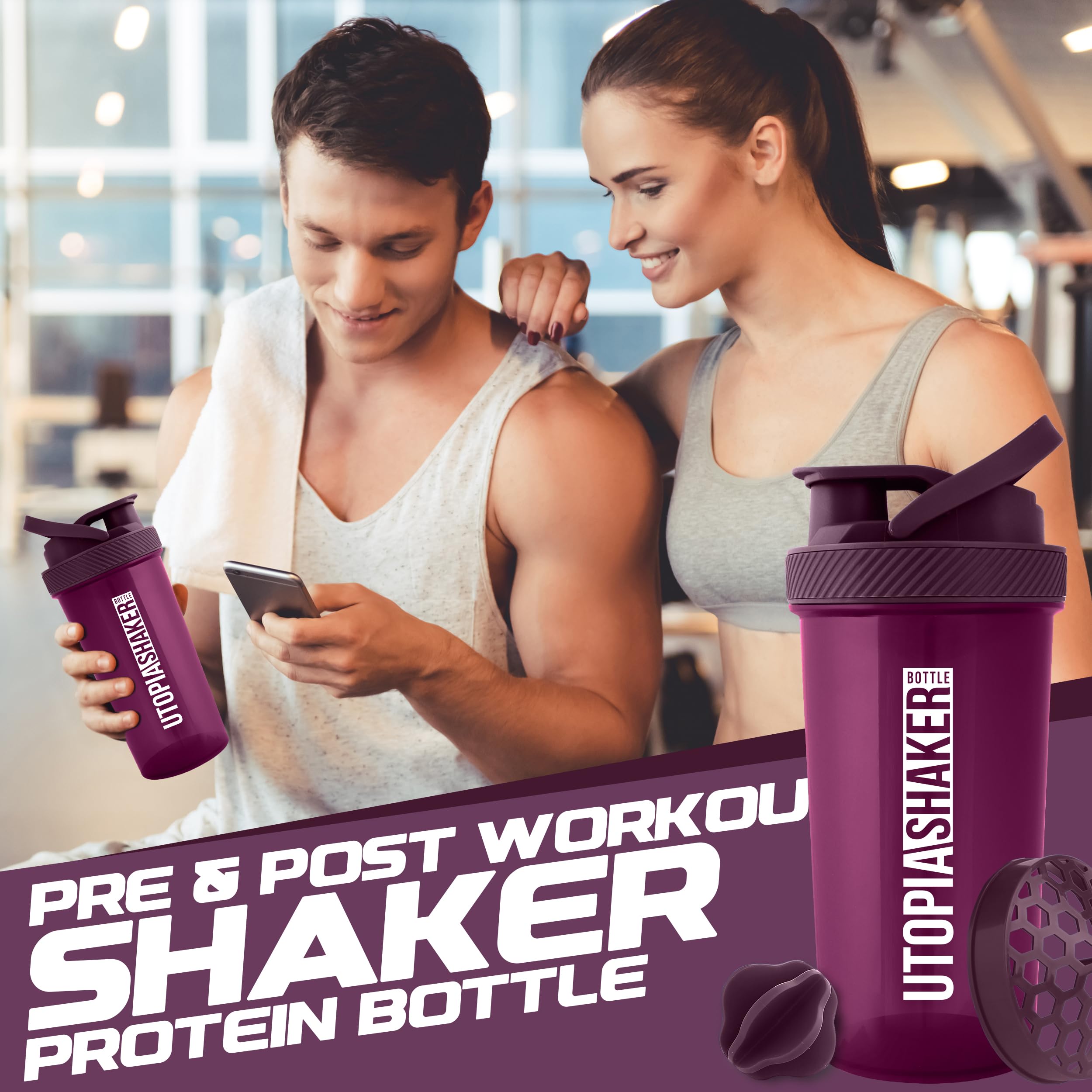 Utopia Home 28-Ounce Protein Shaker Bottle (Pack of 2) - BPA-Free Fitness & Sports Drink Mixer for Protein Powder, Pre-Workout & Smoothies - Perfect for Gym, Workout & Post-Exercise Recovery (Plum & Clear/Plum)