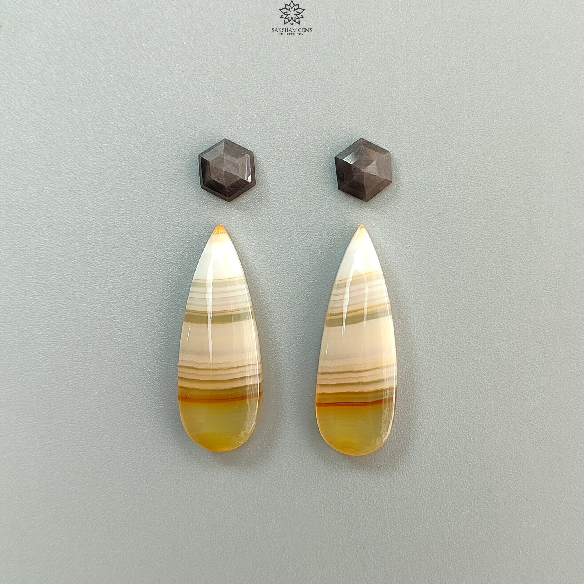 Natural Botswana Agate Gemstone with Serpentine & Gray Sapphire Cabochon - Untreated Bi-Color Agate Triangle and Pear 4pc Set for Jewelry Making, Wire Wrapping, and Healing Crystal Collections