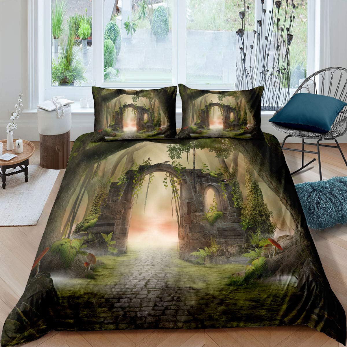 King Size Illusion Duvet Cover Set - Mythical Door Design Comforter Cover with Zipper, Includes 1 Duvet Cover + 2 Pillowcases - Perfect for Gothic Bedroom, Castle Themed Decor & Fantasy Lovers
