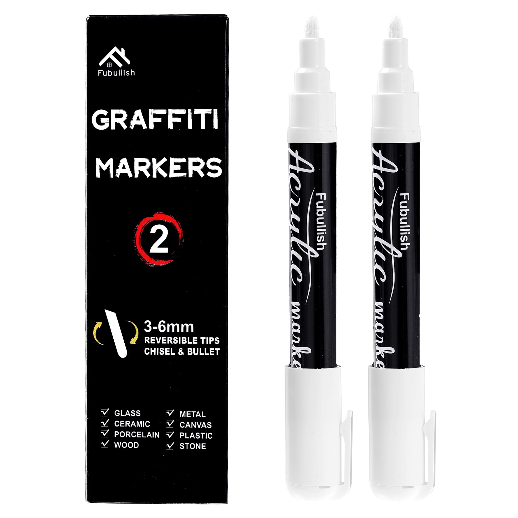 2 Pack White Acrylic Paint Markers 3-6mm - Waterproof Paint Pens for Wood, Canvas, Stone, Rock, Mug, Ceramic, Glass & Metal - DIY Crafts, Art Supplies - Perfect for Home Decor, Gift Making & Creative Projects