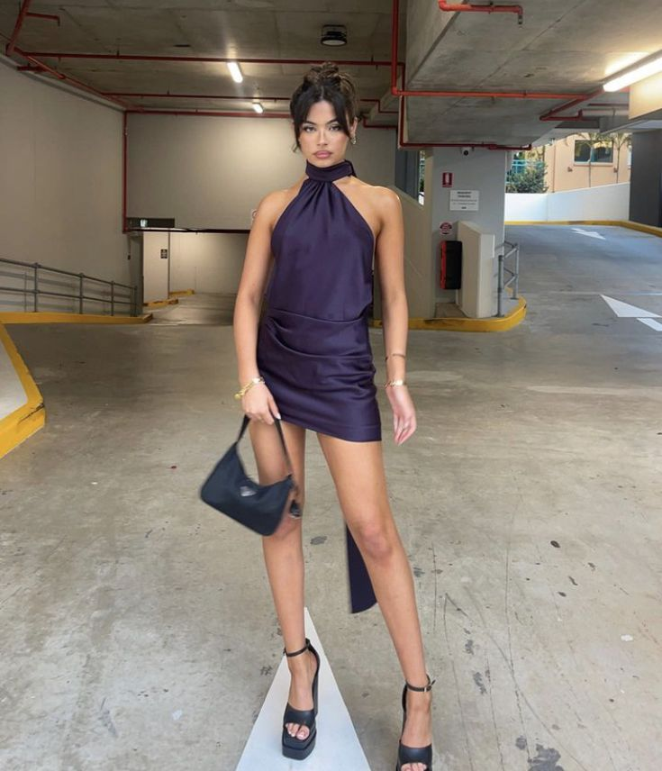 Elegant Purple Satin Halter Short Dress - J6703 for Birthday Parties, Night Out, and Special Occasions