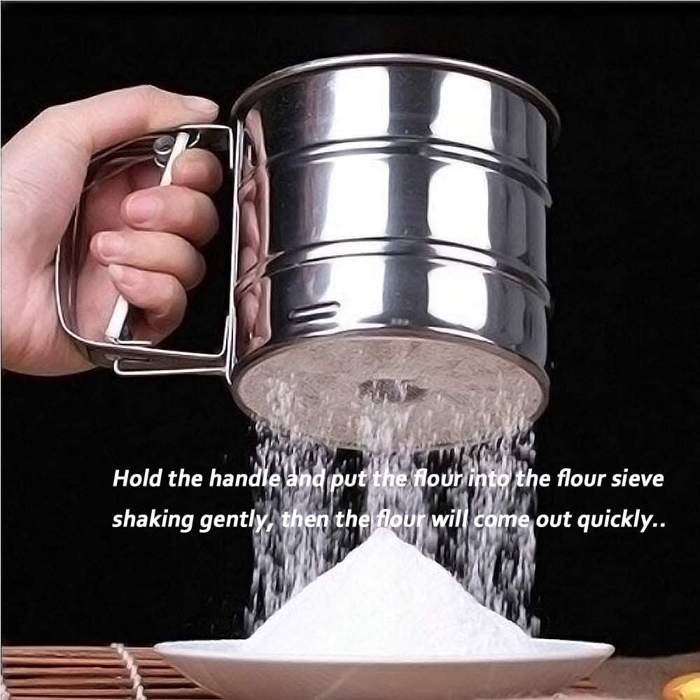 Premium Stainless Steel Mesh Flour Sifter - Mechanical Baking Sugar Shaker Sieve with Handle - Perfect for Baking, Cake Decorating & Kitchen Use