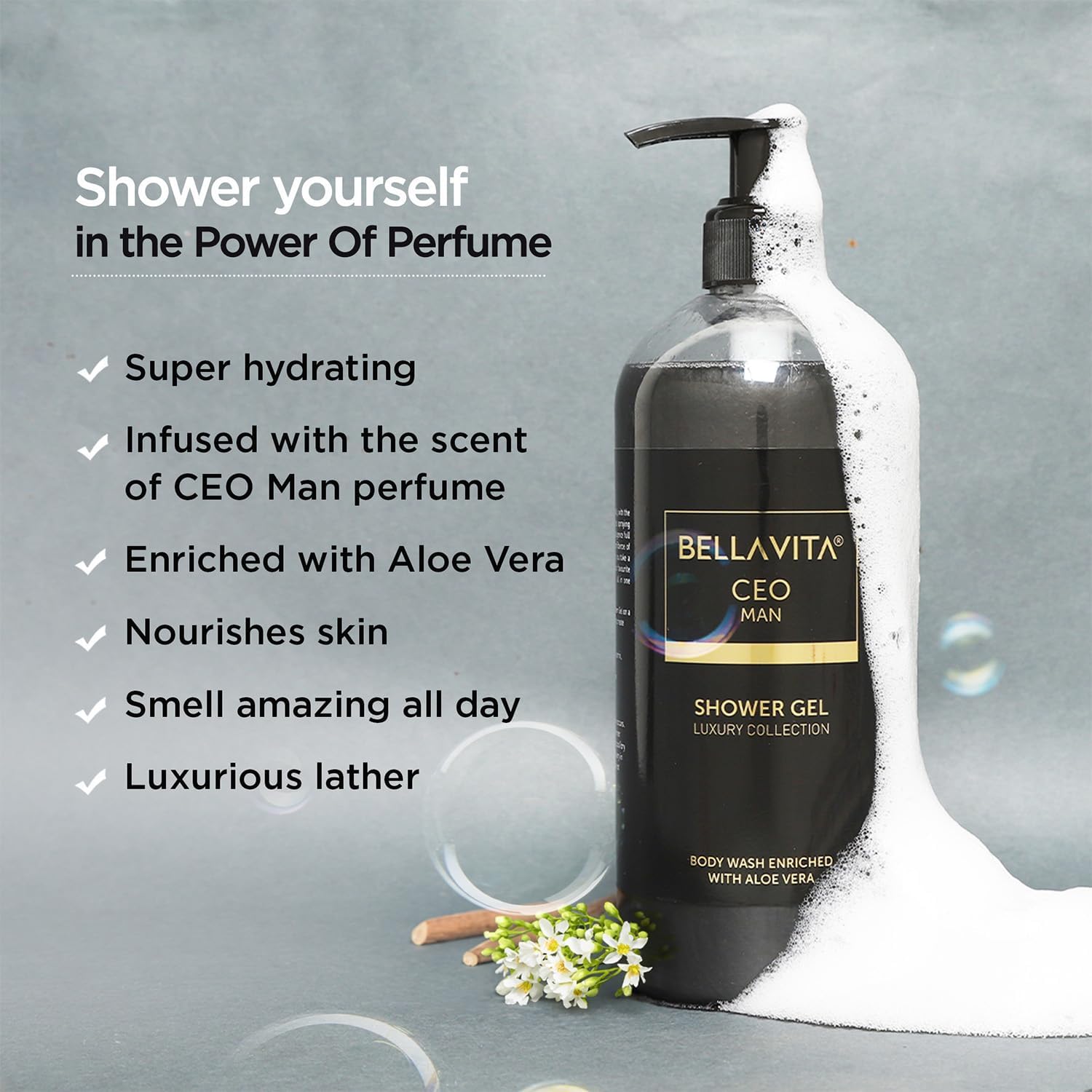 Bella Vita Luxury CEO MAN Body Wash - Deep Cleansing Shower Gel for Men with Aloe Vera & Charcoal Powder, Hydrating & Moisturizing Skin Care, 500ml - Perfect for Daily Shower & Post-Workout Refreshment