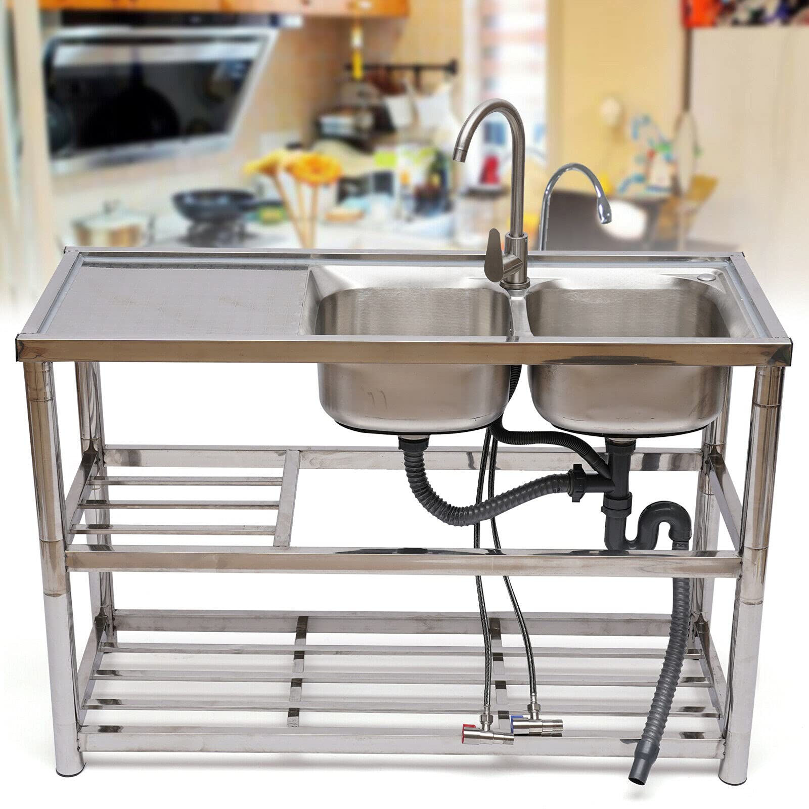 Stainless Steel Commercial Double Bowl Kitchen Sink with Faucet - Heavy Duty Restaurant Prep Sink, Utility Hand Washing Basin for Garage & Commercial Kitchens - Perfect for Food Prep, Dishwashing & High-Traffic Areas