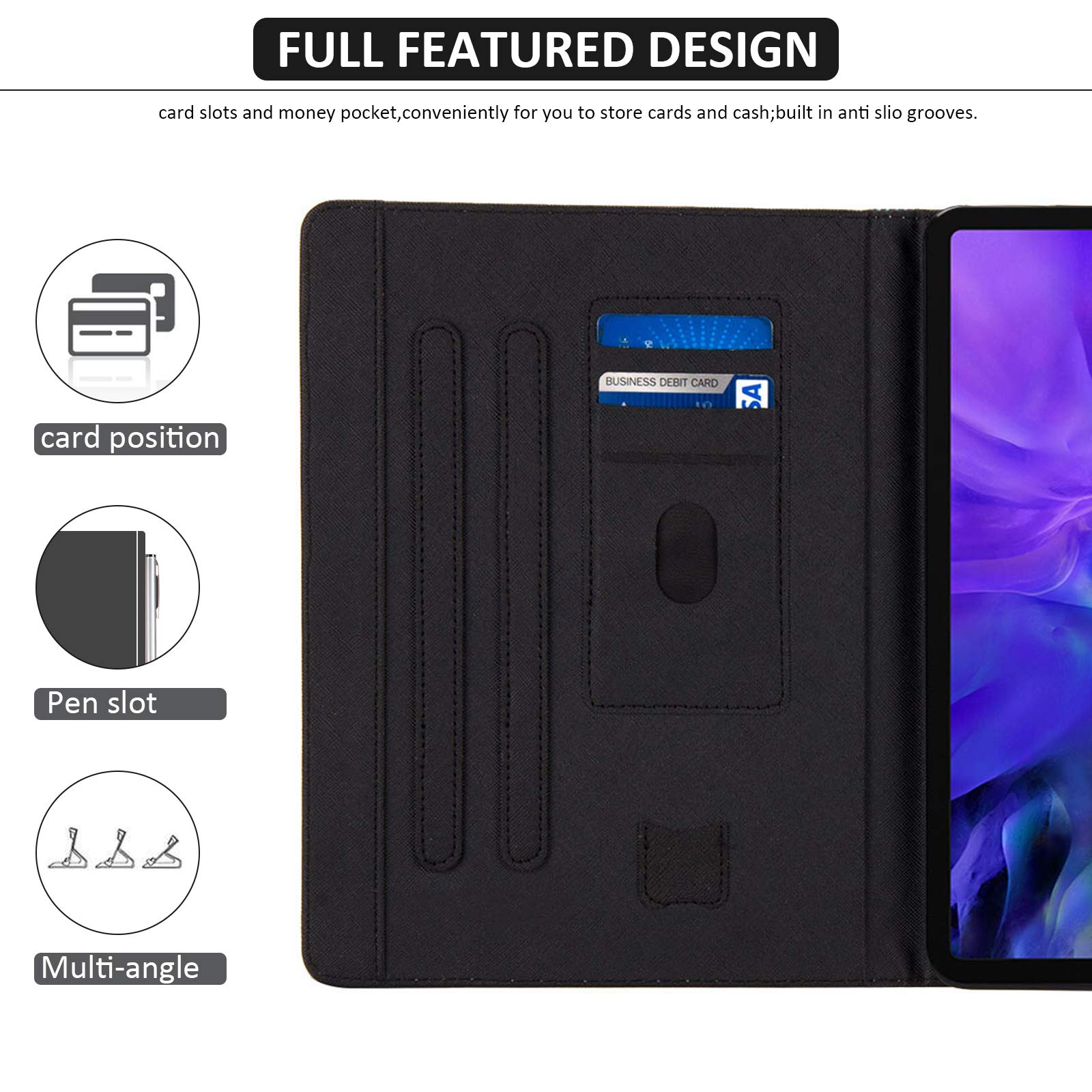 Dteck PU Leather iPad Air 11''/iPad Pro 11'' Case (1st-5th Gen) - Multi-Angle Stand Folio with Auto Wake/Sleep & Card Slots | Protective Cover for Work, School & Travel | Black Cat Design