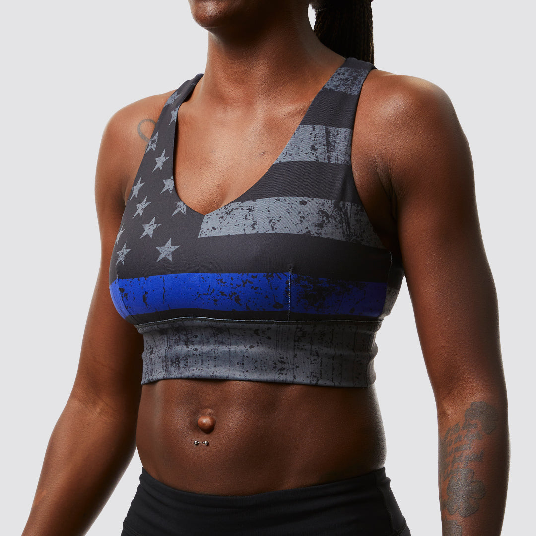 X Factor Sports Bra for Women - Thin Blue Line Gunmetal - High Support Workout Bra for Running, Yoga & Gym - Moisture Wicking & Breathable