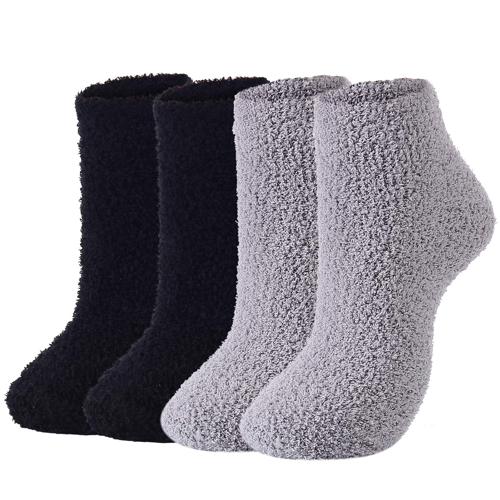 Warm Fluffy Fuzzy Socks for Women & Girls - Cozy Winter Fleece Slipper Socks (4 Pairs, Black & Gray) - Perfect for Christmas Gifts, Holiday Comfort & Home Relaxation