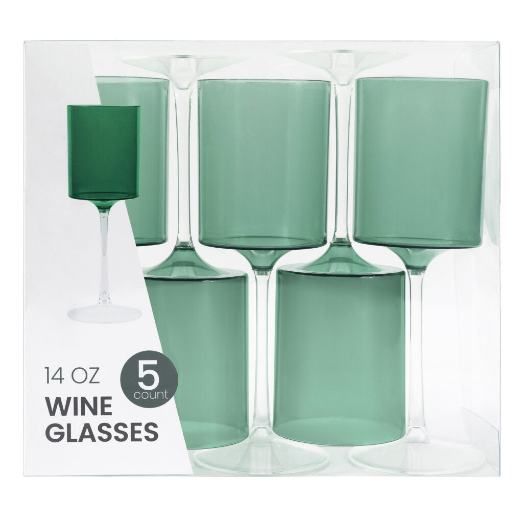 Elegant Two-Tone 14 Oz Green & Clear Plastic Wine Goblets - Set of 5 - Perfect for Outdoor Parties, Weddings & Picnics