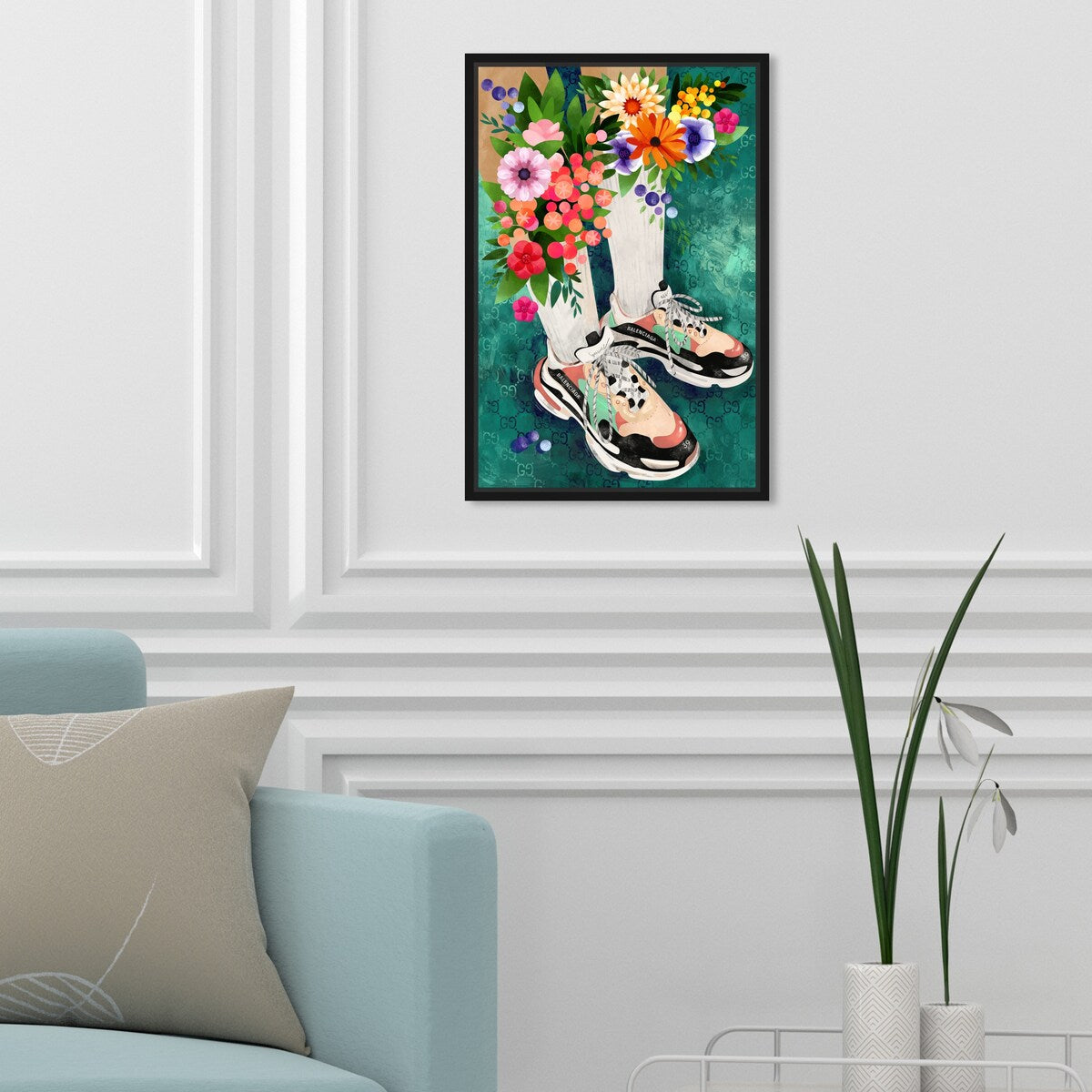 Stylish Floral Sneakers & Socks Set with Modern Green Framed Canvas Wall Art - Perfect for Bedroom Decor & Fashion Outfits