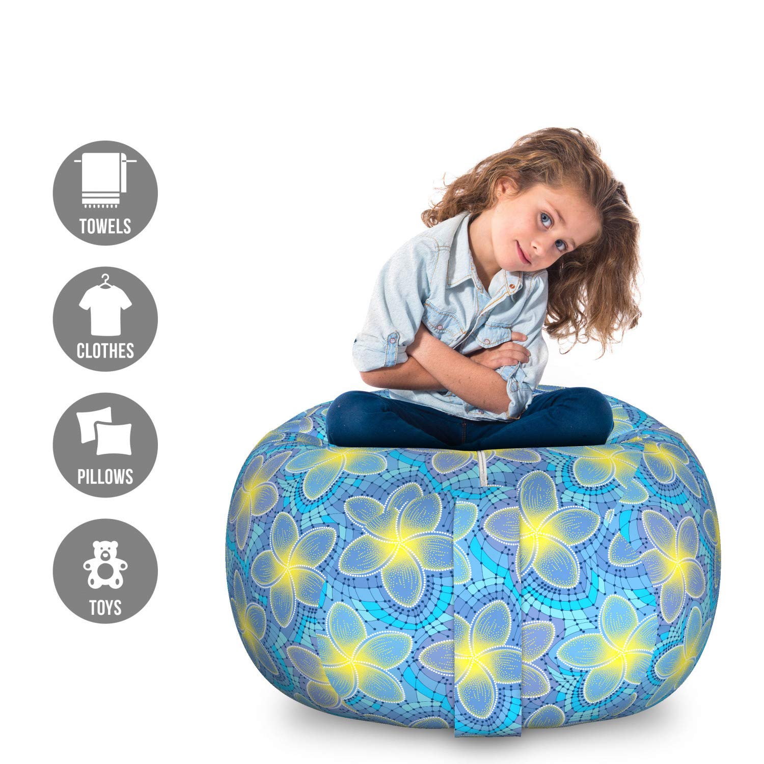 Ambesonne Floral Yellow Storage Toy Bag Chair - Large Washable Stuffed Animal Organizer with Exotic Dot Plumeria Petals Design | Perfect for Kids' Room, Nursery Storage & Pet Toy Organization (Sky Blue/Yellow)