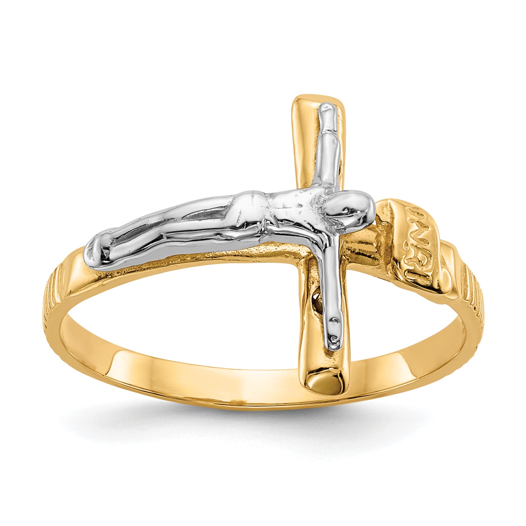14K Solid Gold Two-Tone Polished INRI Crucifix Ring for Women & Men - Size 6.75 - Religious Jewelry for Baptism, Confirmation & Everyday Faith Wear