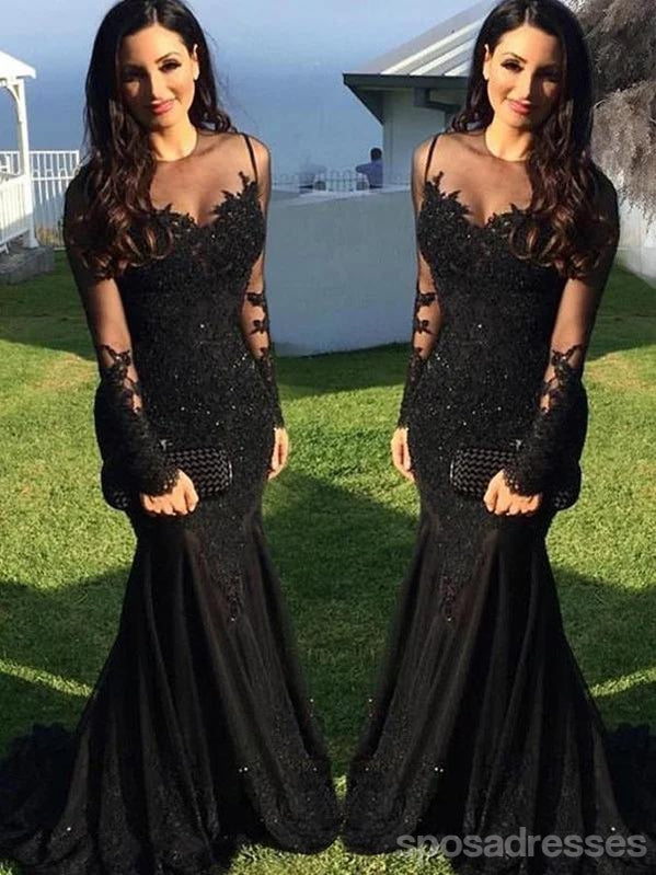Elegant Black Mermaid Long Sleeve Prom Dress with Jewel Details - Formal Evening Gown for Homecoming, Ball, and Special Occasions