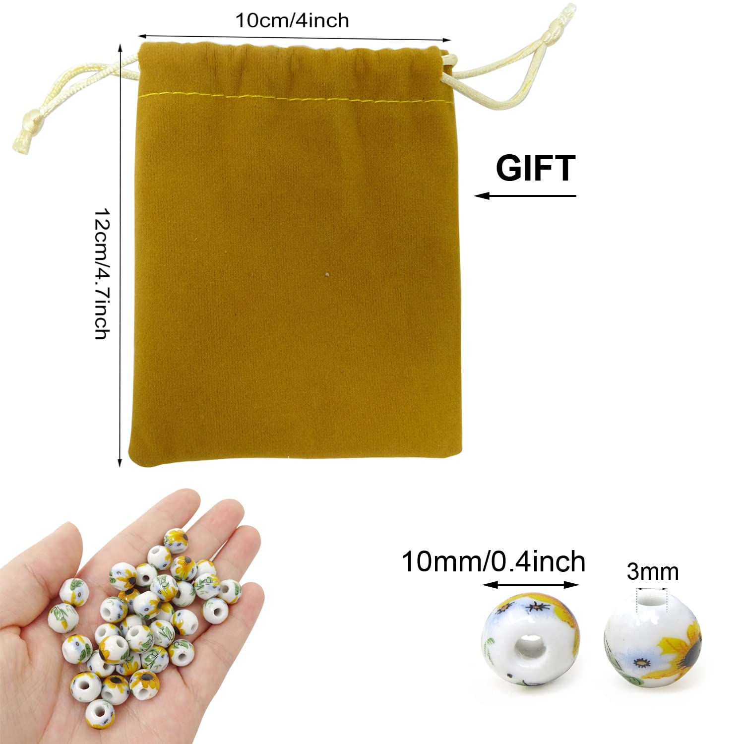 100PCS 10mm Ceramic Beads for Jewelry Making - Porcelain Flower Spacer Beads DIY Craft Supplies with Drawstring Bag - Perfect for Necklaces, Earrings & Bracelets - Sunflower Design for Boho & Handmade Jewelry Projects