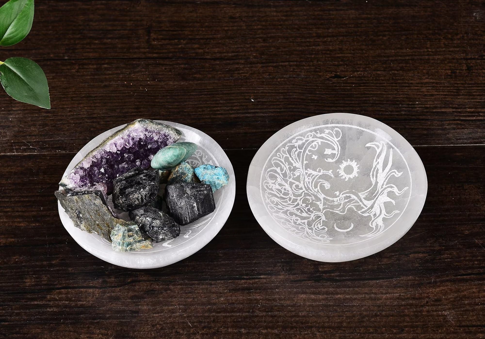 AMOYSTONE Natural Selenite Crystal Bowl - Charging Plate with Tree of Life Engraving | Energy Cleansing & Meditation Accessory for Home, Office & Spiritual Healing