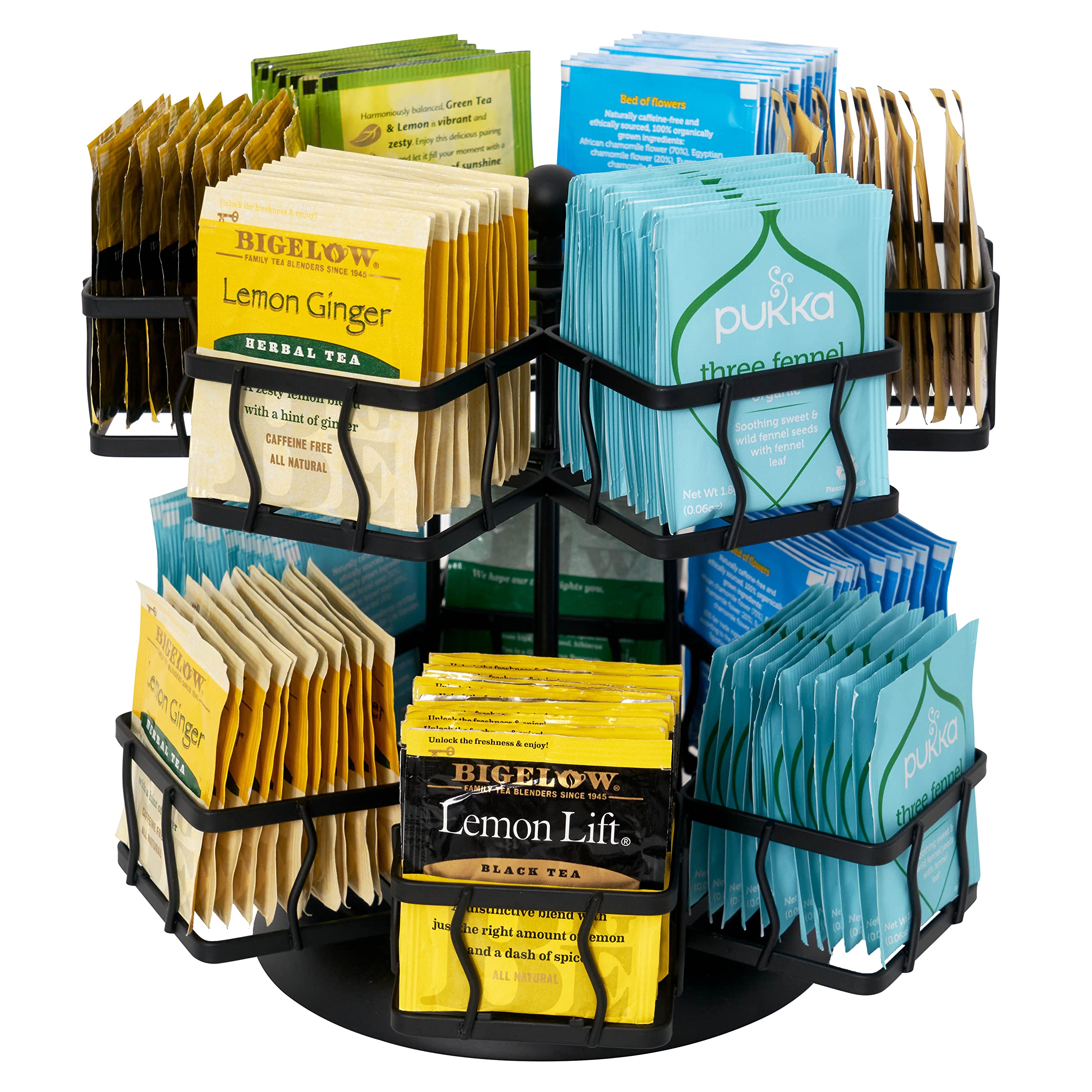 NHZ Spinning Tea Bag Organizer - 12-Compartment Carousel Holds Up to 140 Tea Bags | Black Powder-Coated Stainless Steel Storage Holder | Perfect for Kitchen Countertops & Tea Lovers