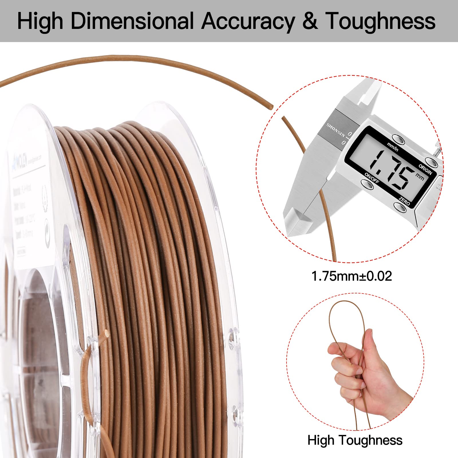 AMOLEN 3D Printer Wood PLA Filament Bundle - 1.75mm, 200g x 4 Spools (Walnut, Cherry, Bamboo, Ebony) for Creative 3D Printing Projects, Home Decor & DIY Crafts