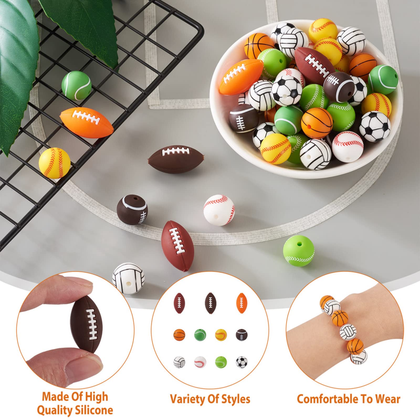 54Pcs Sports Silicone Beads Bulk for Soccer Basketball Volleyball Baseball Rugby - DIY Keychain Bracelet Jewelry Making Supplies - Perfect for Team Sports Fans, Party Favors & Craft Projects