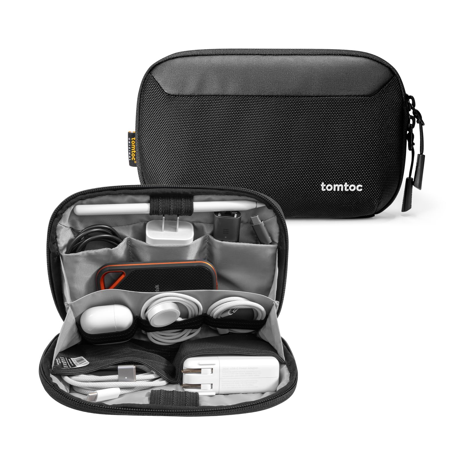 tomtoc Waterproof Travel Cable Organizer Pouch - Portable Electronics Accessories Case for Chargers, Cables, USB Drives & More (Black) | Perfect for Business Trips, Commuting & Daily Organization