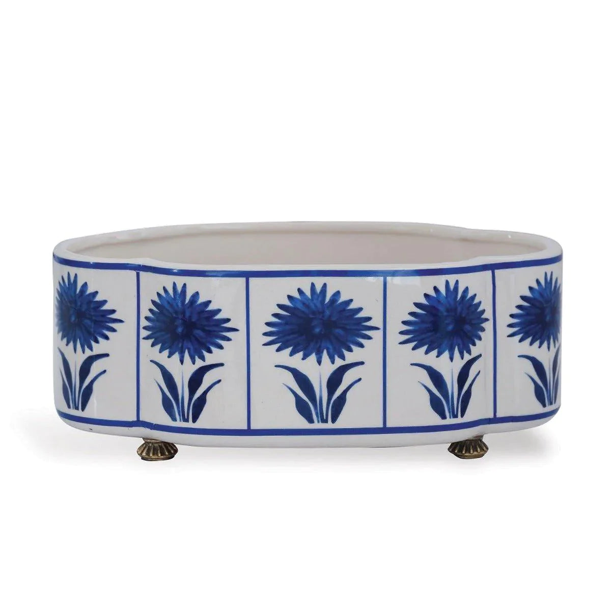 Blue and White Scallop Planter with Aster Floral Design & Brass Feet - Elegant Flower Pot for Home Decor, Indoor Plants, and Garden Display
