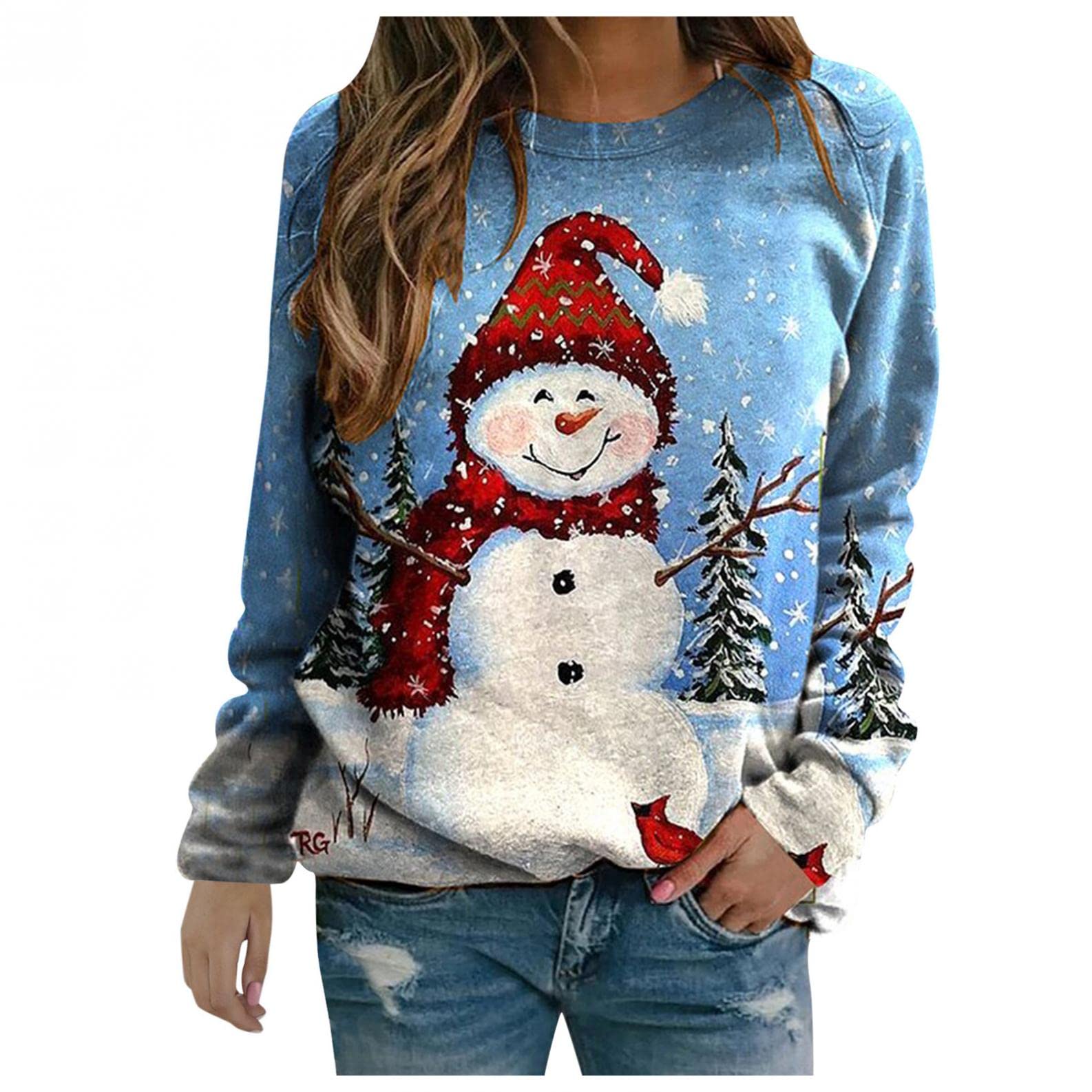 Festive Women's Christmas Graphic Long Sleeve T-Shirt - Cute Plaid Snowman Print Casual Top for Holiday Parties & Family Gatherings