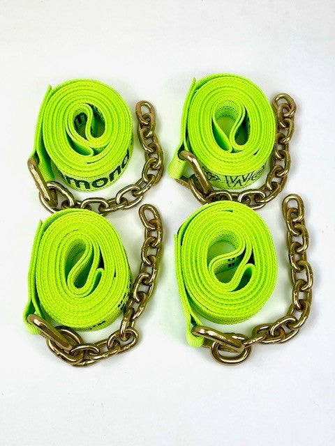 Heavy Duty 8-Point 18ft Diamond Weave Strap Kit with 12 Chain Tails for Rollback & Flatbed Truck Tie Downs - Secure Cargo Transport for Construction Equipment, Vehicles & Heavy Loads