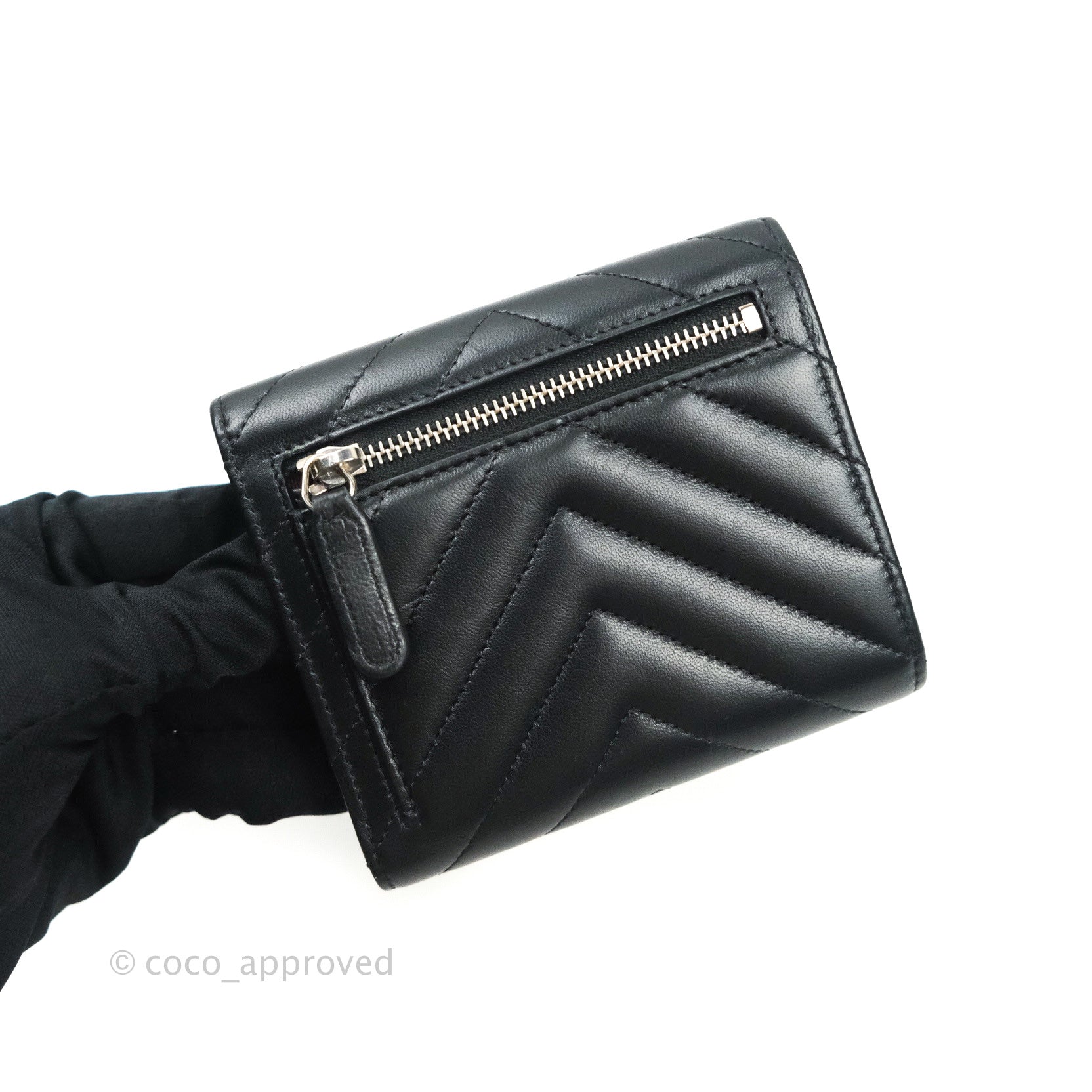 Chanel Chevron Small Compact Wallet - Black Lambskin with Silver Hardware | Luxury Women's Wallet for Everyday Use & Special Occasions