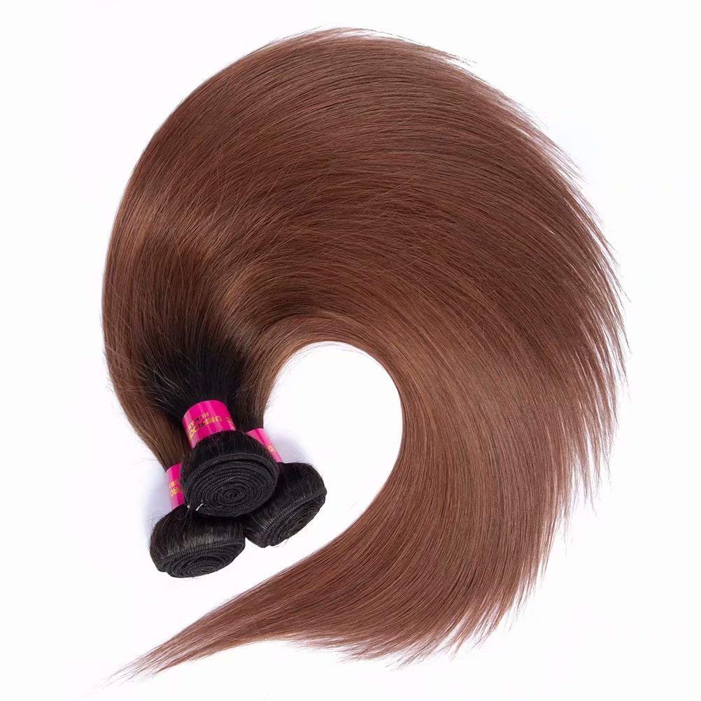 FEEL ME Black to Brown Straight Ombre Human Hair Bundles 1B/30 | 100% Virgin Brazilian Hair Extensions | Unprocessed 8A Grade Silky Straight Weave (14 16 18 Inches) | Perfect for Daily Wear, Parties & Special Occasions