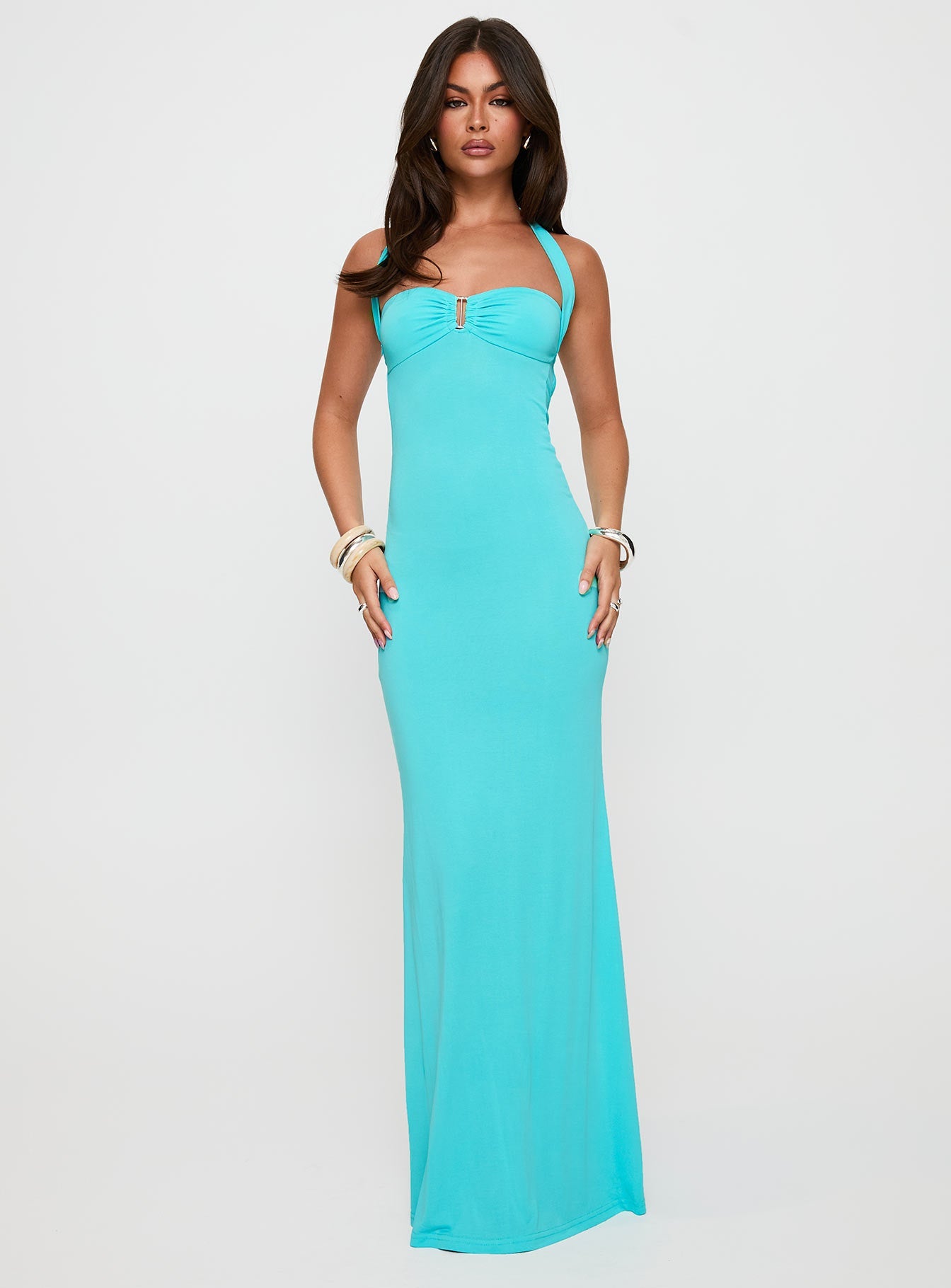 Anasofia Women's Halter Neck Maxi Dress in Aqua Blue - Perfect for Beach Vacations, Summer Parties & Boho Chic Outfits