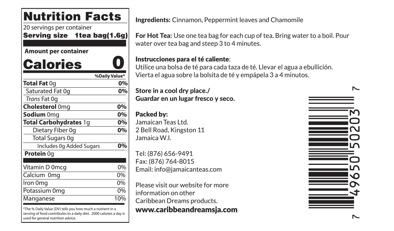 Premium Caribbean Dreams Cinnamon Mint Herbal Tea - 20 Individually Wrapped Tea Bags | Relaxing & Refreshing Blend for Stress Relief & Digestive Support | Perfect for Morning Boost or Evening Relaxation
