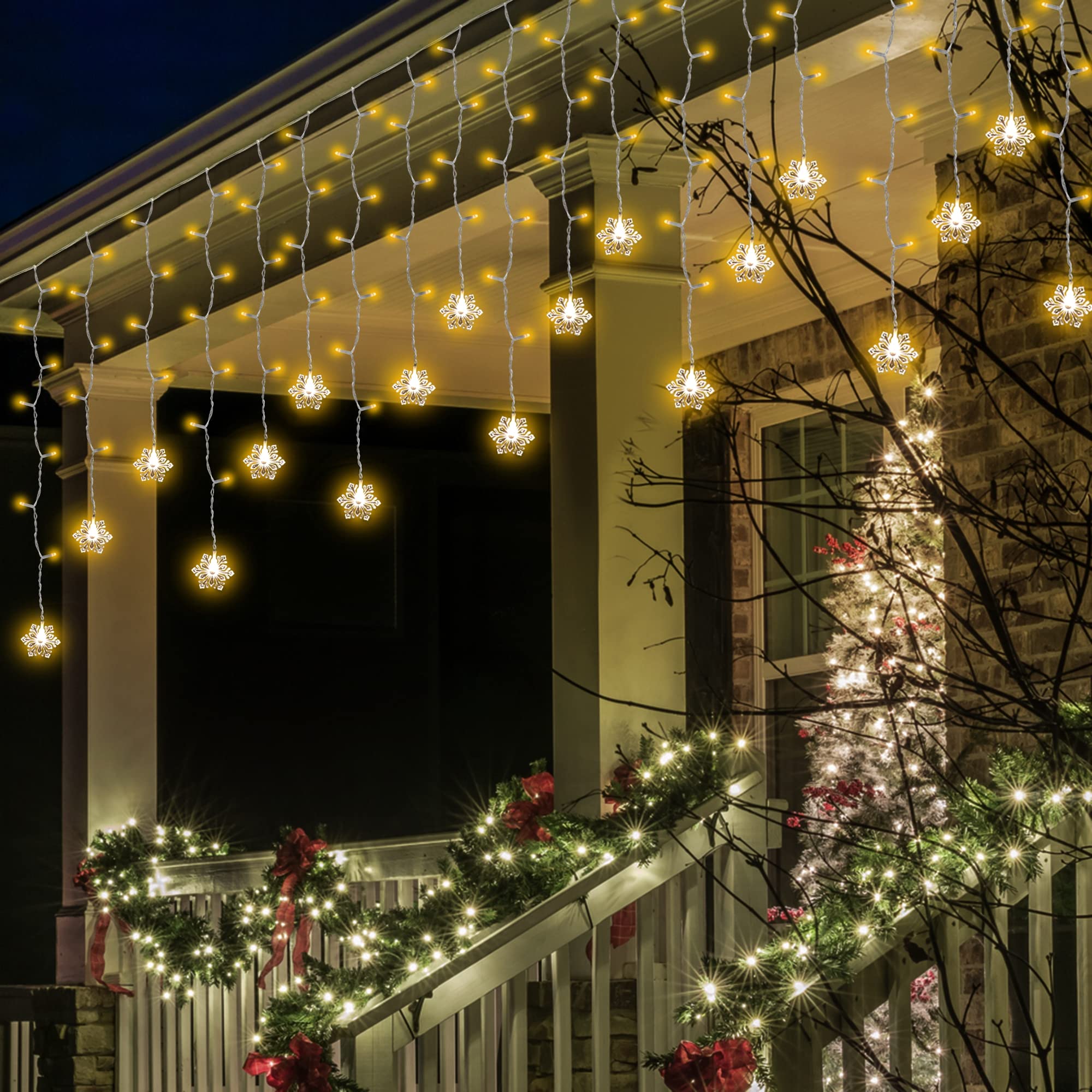 150 LED Icicle Lights with Snowflake - 8 Twinkle Modes Curtain Fairy Lights for Outdoor Christmas, Holiday, Wedding, Party, Garden, Porch, and Indoor Home Decoration (Warm White)