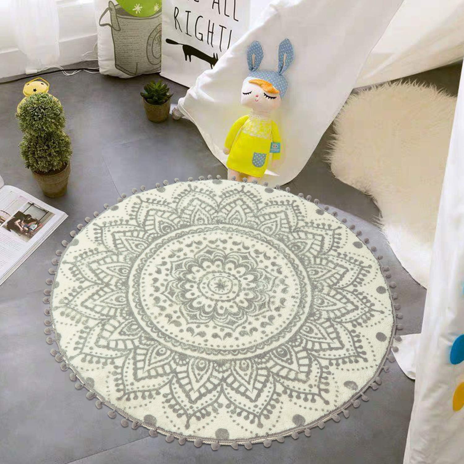 Uphome Boho Round Rug - 3' Circle Beige & Grey Washable Non-Slip Floor Mat with Pom Pom Fringe | Soft Mandala Accent Rug for Bedroom, Bathroom, Living Room, Nursery & Entryway | Perfect for Bohemian Decor, Kids Room & Cozy Home Spaces