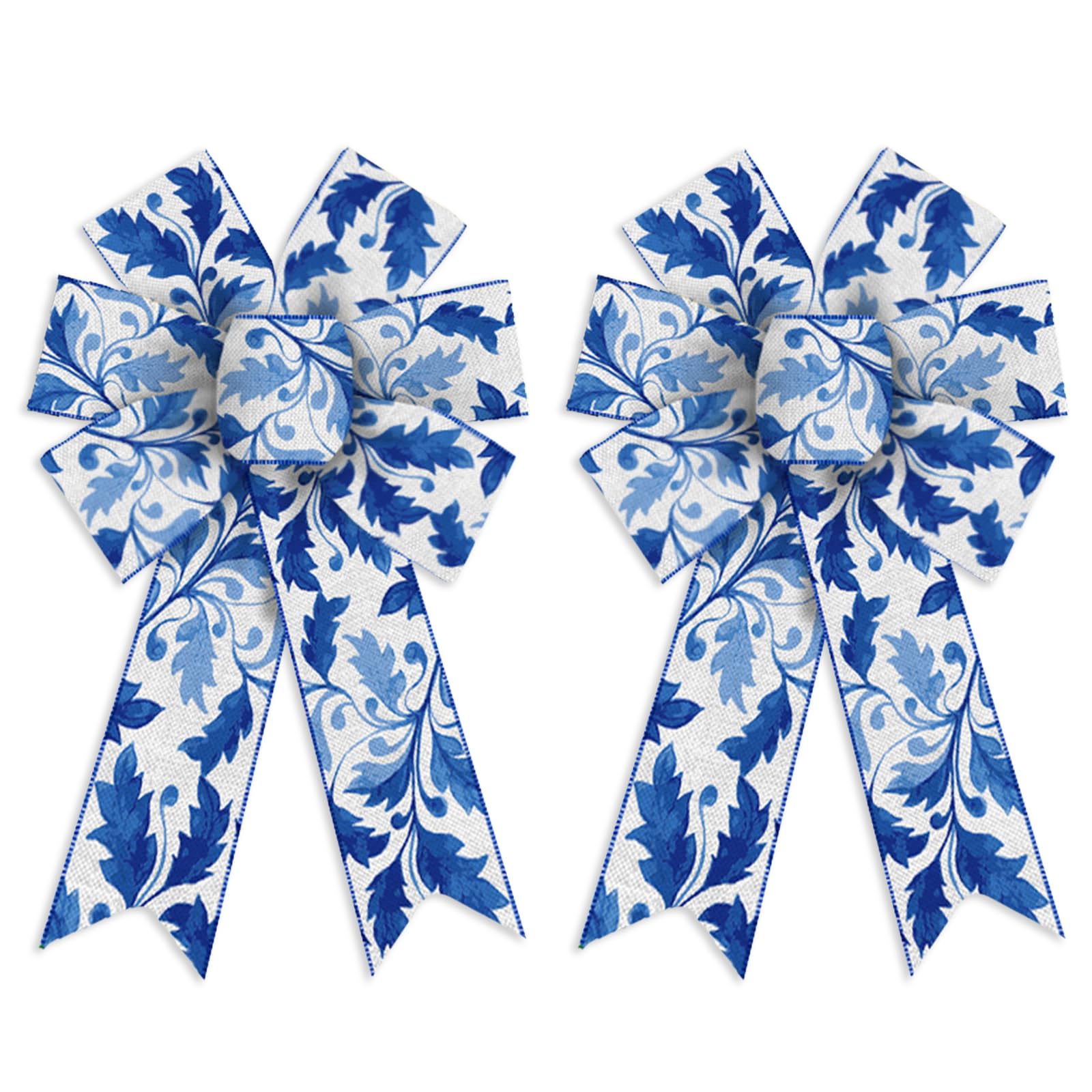 2 Pack Summer Wreath Bows - Blue Leaf Burlap Ribbon Bows with Floral Decor for Wreaths | Indoor & Outdoor Decoration for Doors, Walls, Porch & Garden Parties