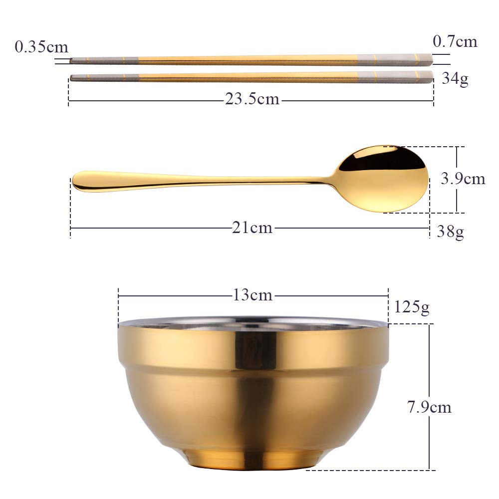 Premium 24-Piece SUS 304 Stainless Steel Bowl Set with Spoon & Chopsticks - 19oz Double-Walled Metal Rice & Cereal Serving Bowls for Restaurants, Home Kitchen, Family, Kids & Adults (Gold) - Ideal for Dining, Meal Prep, Camping & Outdoor Picnics