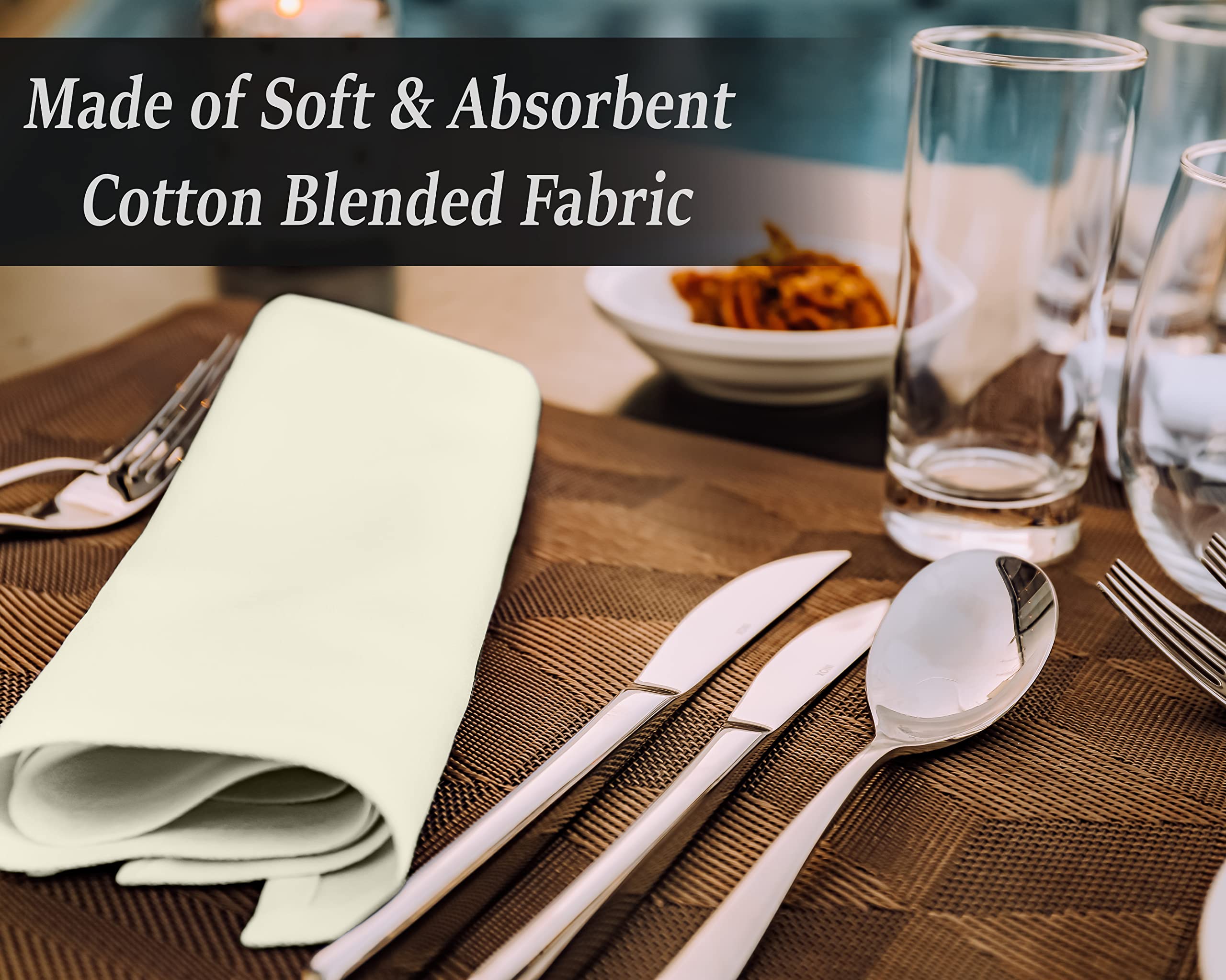 Premium 12-Pack Ruvanti 18x18 Inch Washable Cotton Blend Cloth Napkins - Soft, Durable & Highly Absorbent for Restaurants, Weddings & Dinner Parties (Ivory/Cream) | Elegant Table Linens for Fine Dining & Special Occasions