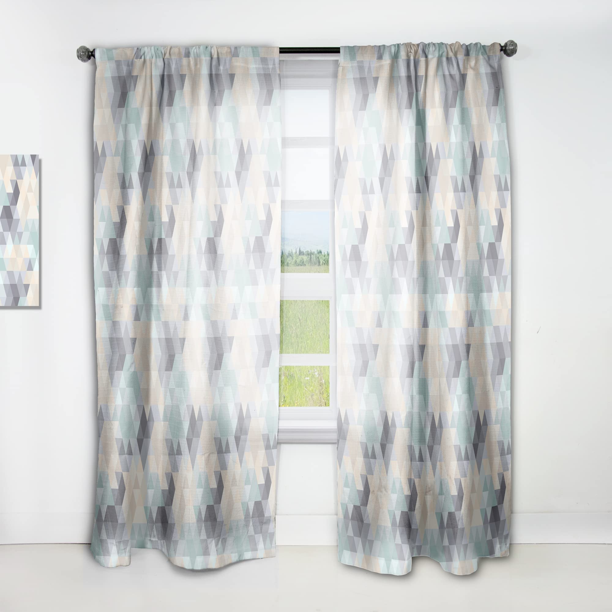Blue and Beige Geometric Triangle Pattern Thermal Insulated Curtains - 52x63 Inch Single Panel for Bedroom & Living Room - Energy Saving Window Treatment for Home Decor
