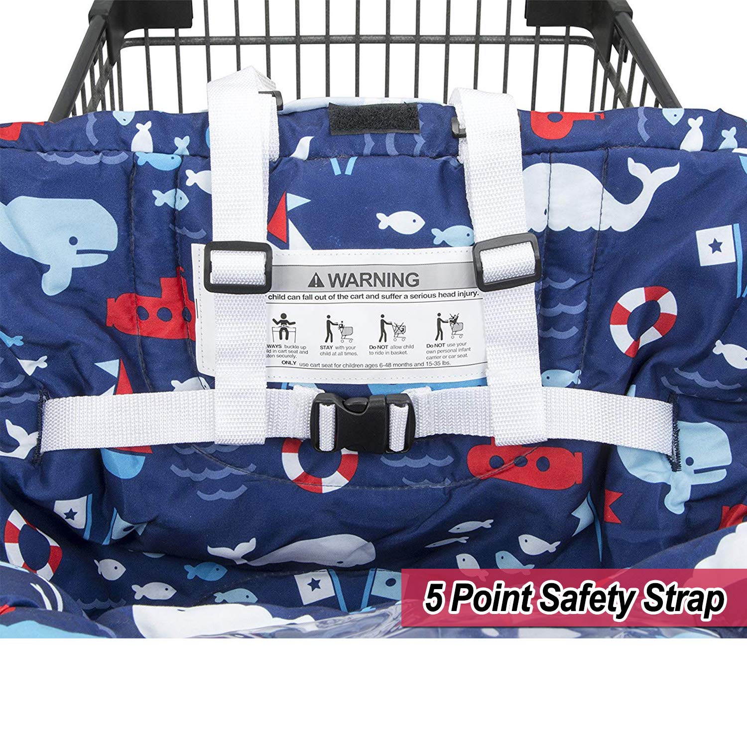 Baby Shopping Cart Cover - 2-in-1 Foldable Portable High Chair & Grocery Cart Seat with Storage Bag for Infants to Toddlers | Blue Whale Design | Perfect for Supermarkets, Restaurants & Travel