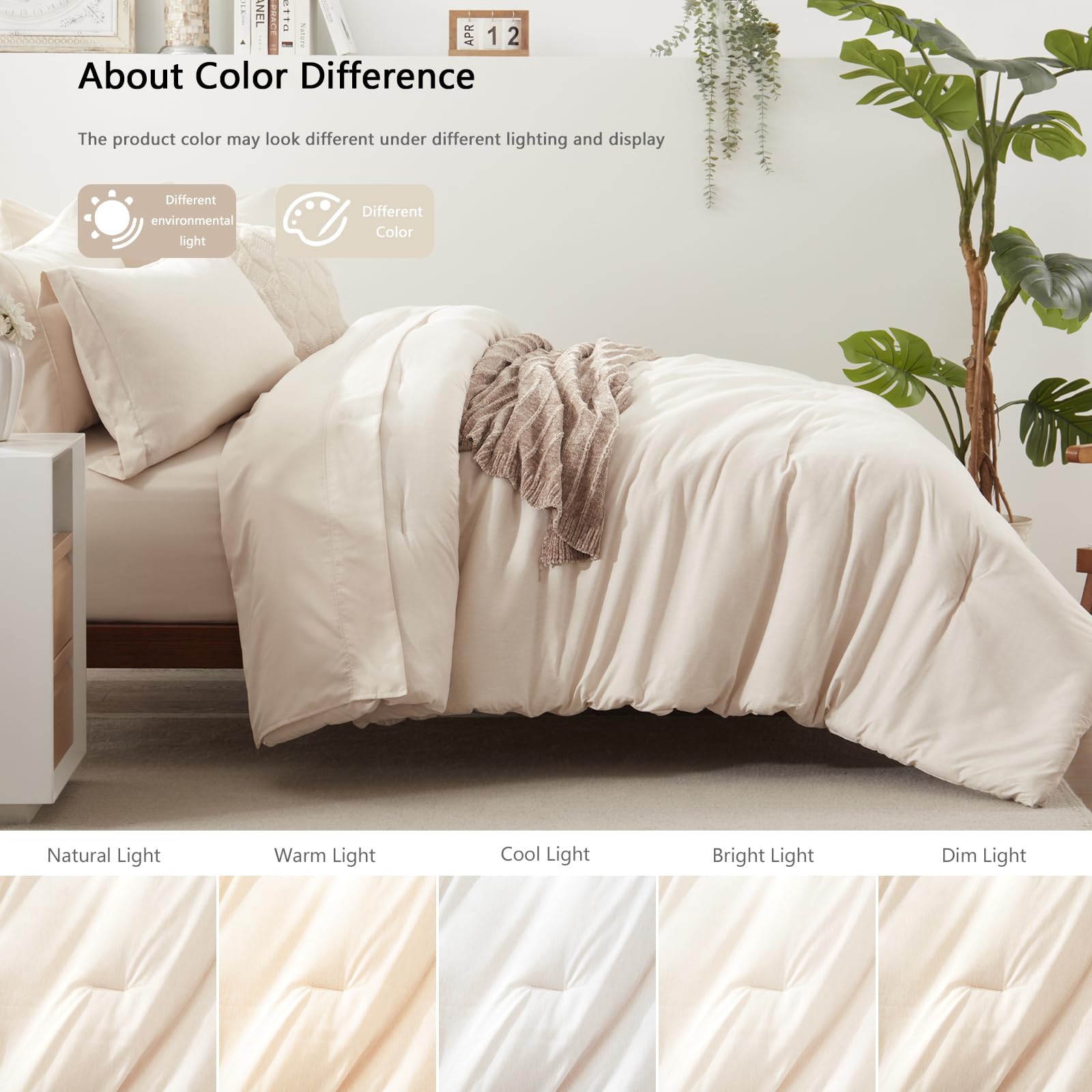 UNILIBRA 7-Piece Queen Comforter Set - All Seasons Soft Beige Bedding | Cationic Dyeing Comforter, Flat Sheet, Fitted Sheet, Pillowcases & Shams | Perfect for Master Bedroom, Guest Room & Vacation Homes